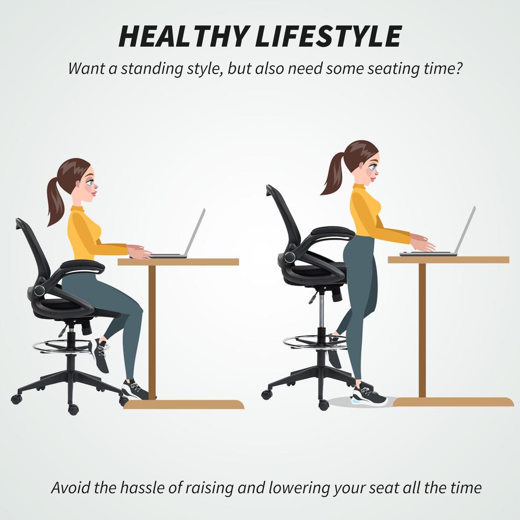 Drafting Chair with Flip-up Armrest, Mesh Office Stool with Foot Ring, 360 Degree Swivel Height Adjustable Chair for Standing Desk, Black