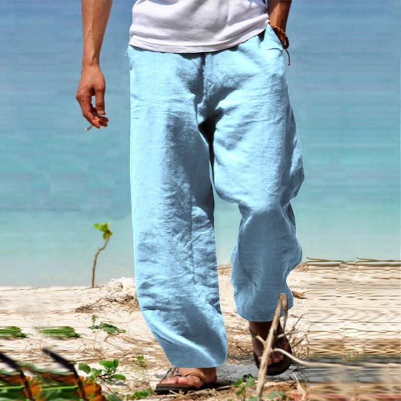 Spring and summer men's trousers solid color thin cotton and linen casual straight pants high waist shows long legs
