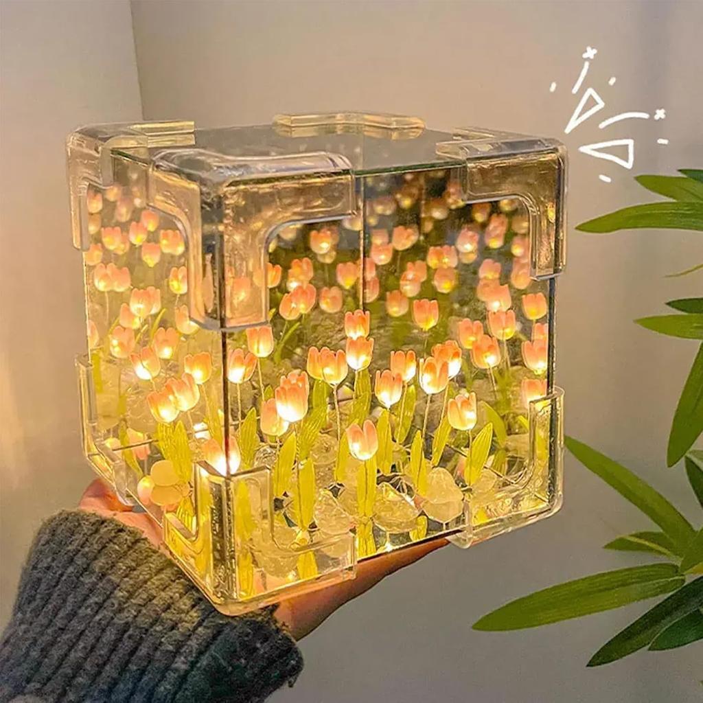 Blossom Box, Tulips Luminous Garden, Handmade DIY Magic Cube Tulips Flower Night Light Tulips Mirror Lamp Creative Gifts for Girl Women Friends