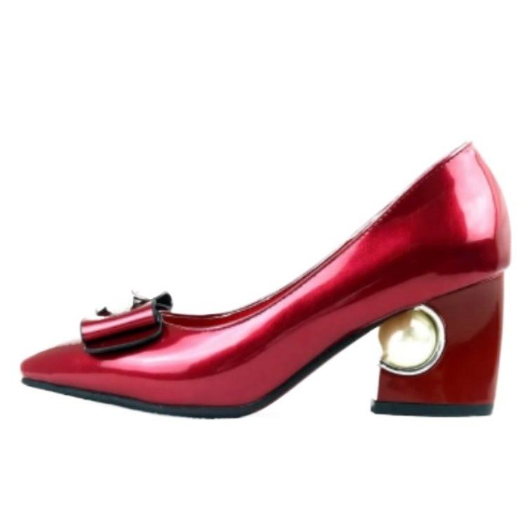 Spring, summer and autumn new sweet bow middle heel single shoes women's sexy pointed rhinestone thick heel shoes