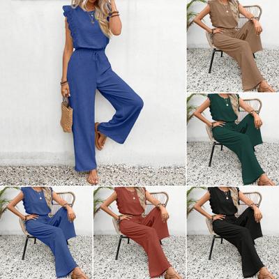 Damen Sommer 2-teiliges Outfit Aushöhliger Spitzenbesatz Ärmelloses Tanktop und Weitbeinige Hosen Set Strandreise Trainingsanzug Lässiges Lounge-Set