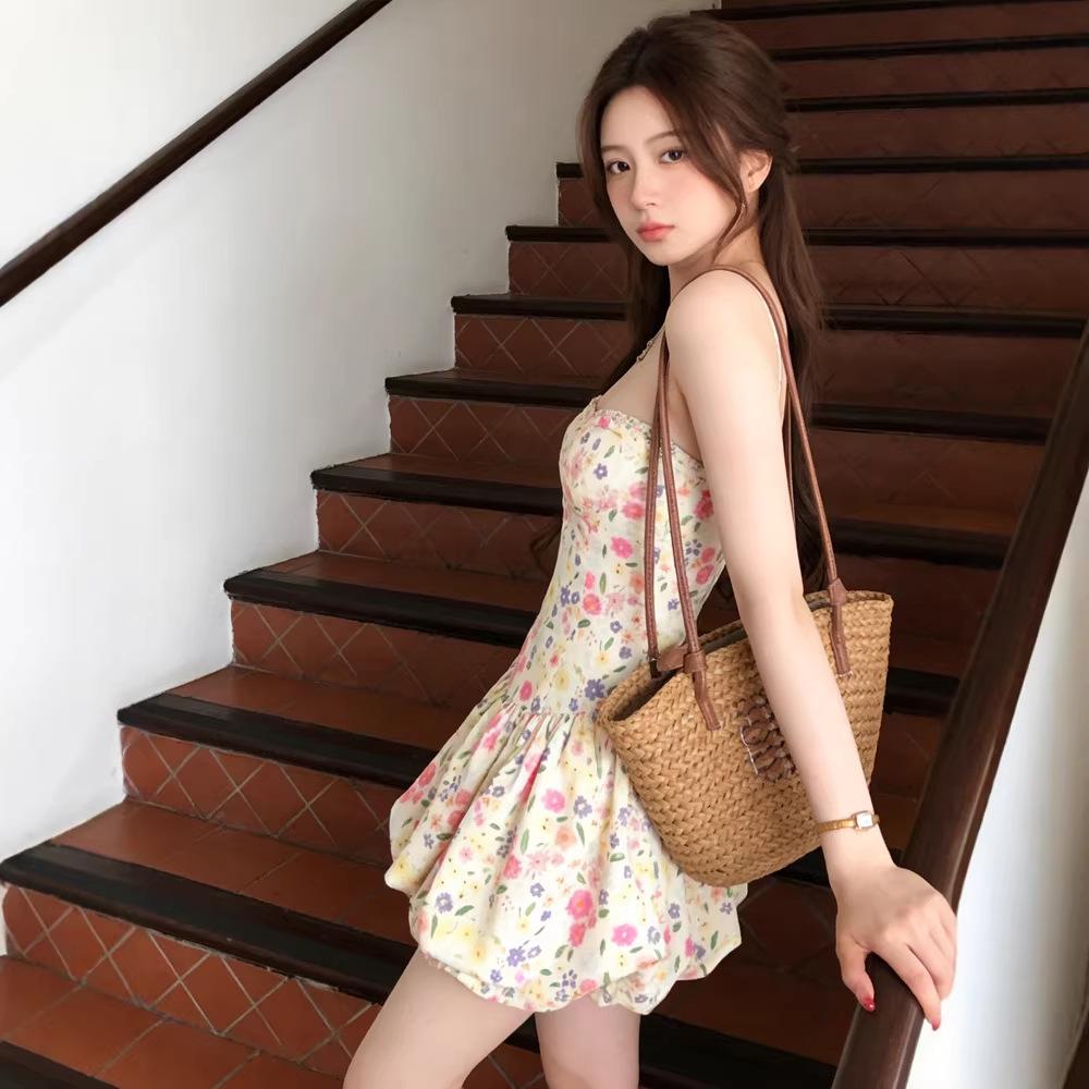 2026 French Floral Slip Dress: Spring/Summer Vacation Style, Waist-Cinched Short Skirt
