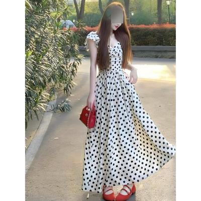 Retro Hollow Polka Dot Small Flying Sleeve Dress Holiday Style Beautiful Unique Waist Temperament Long Dress Women's Summer