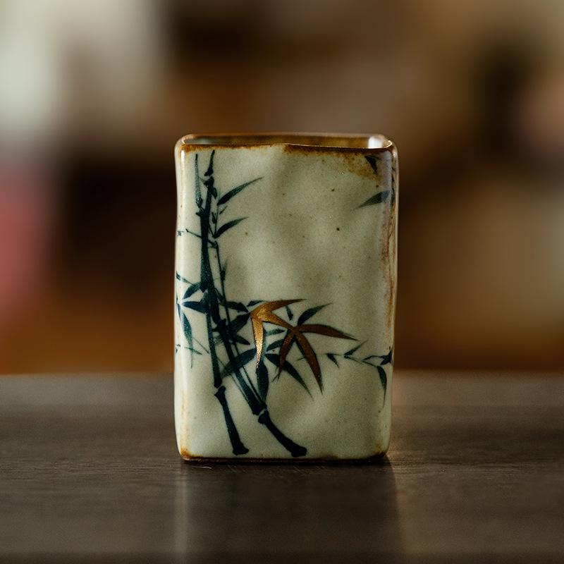 

Hand Painted Antique Style Glaze Change Bamboo Square Tea Cup Chinese Ceremony Gongfu Tea Set Unique Host Cup 70ML
