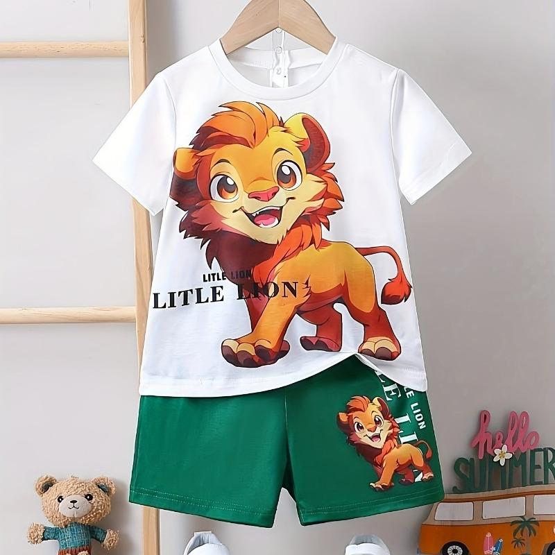 Men Clothes 2pcs Boys Fun Cartoon Bear Print Short Sleeve T-Shirt Shorts Set Summer Active Boys Complete Stylish Look
