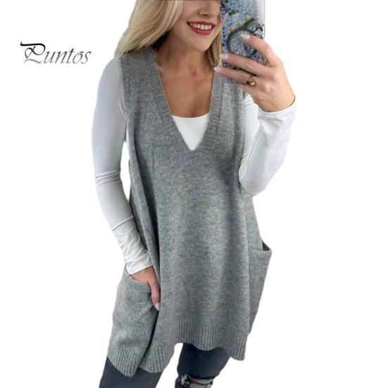

Женский свитер с V-образным вырезом, без рукавов, однотонный вязаный жилет с карманами, ребристая отделка, свободный крой, средняя длина, повседневный трикотаж S серый