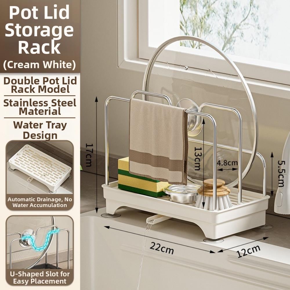 Kitchen Sink Storage Rack with Drain Self Drainage Sponge Holder Stainless Steel Multifunctional Pan Pot Lid Holder