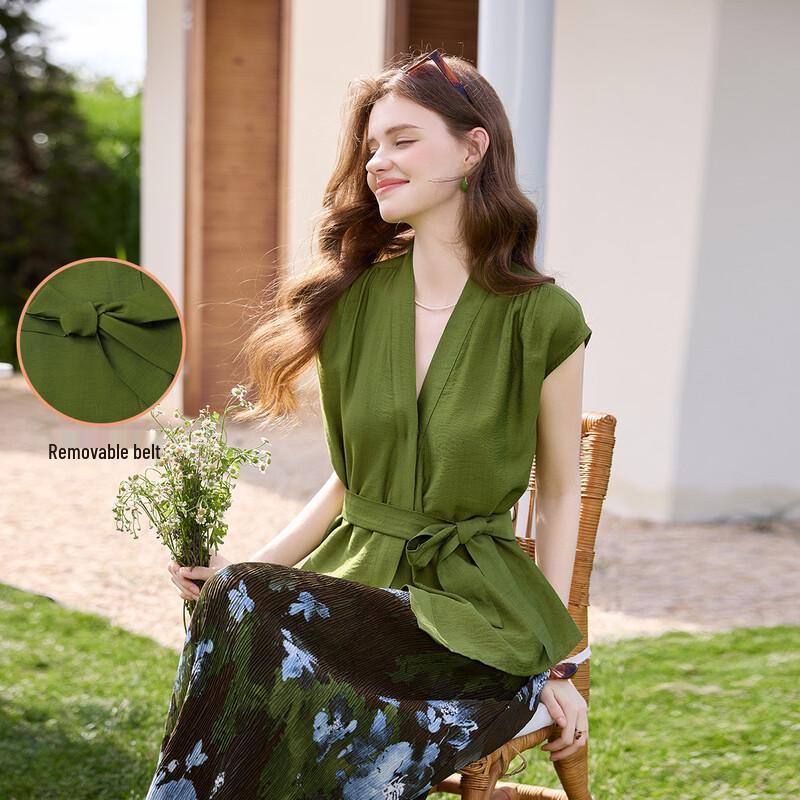 Women s Elegant French Style V-Neck Commuter Shirt M зелёный
