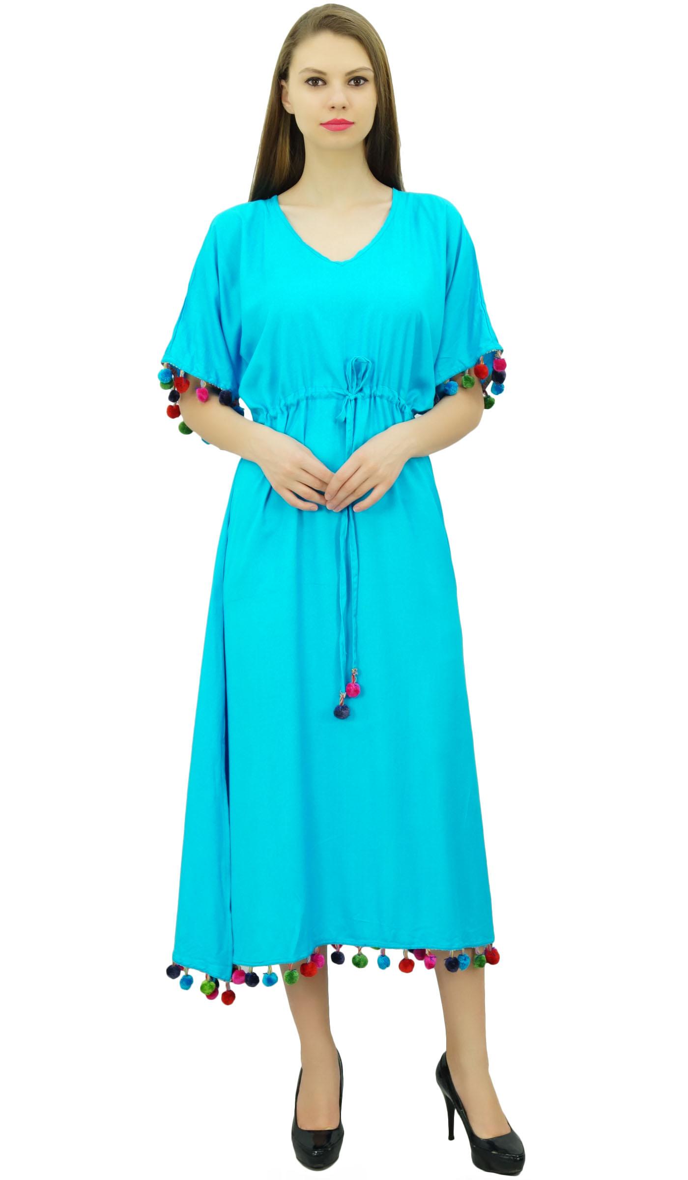 

Bimba Women s Rayon Long Kaftan Dress With Pom Pom Designer Chic Maxi Caftan 8 синій