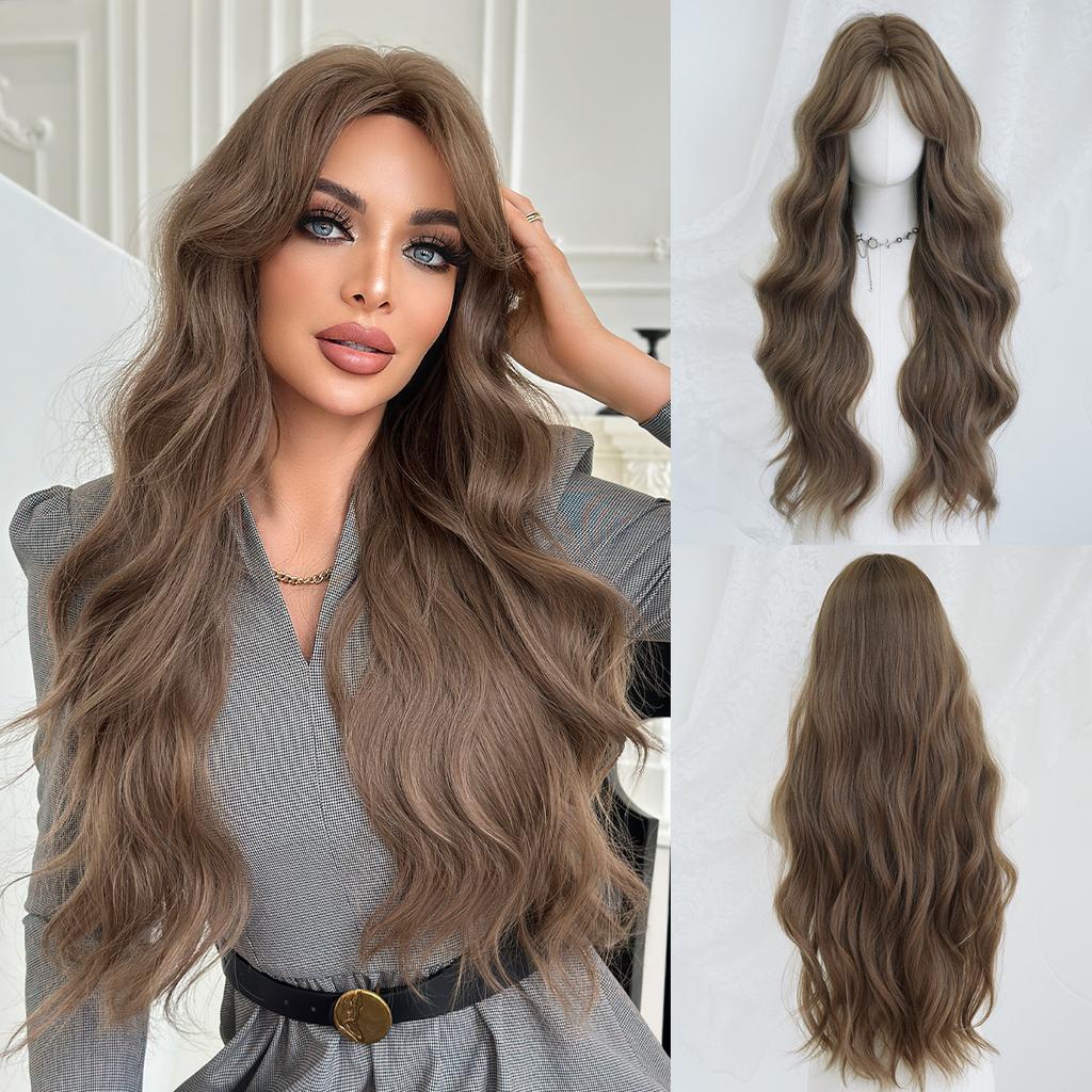 Caramel Warm Brown Extra Long Curly Wig for Women - Big Waves Curtain Bangs Full Cap, Quick Beauty Voluminous Hair, High Quality Daily Styling
