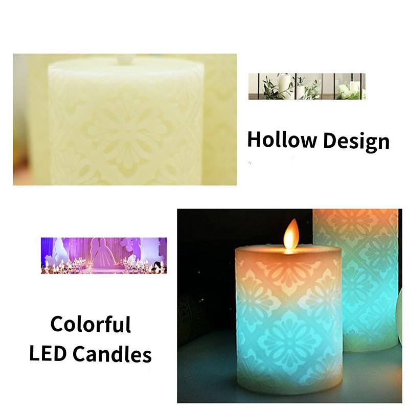 3-Pack Colorful LED Candle Colorful Hollow Pattern Electronic Candle 10 12.5 15cm for Home Wedding Hotel Decoration LED Candle