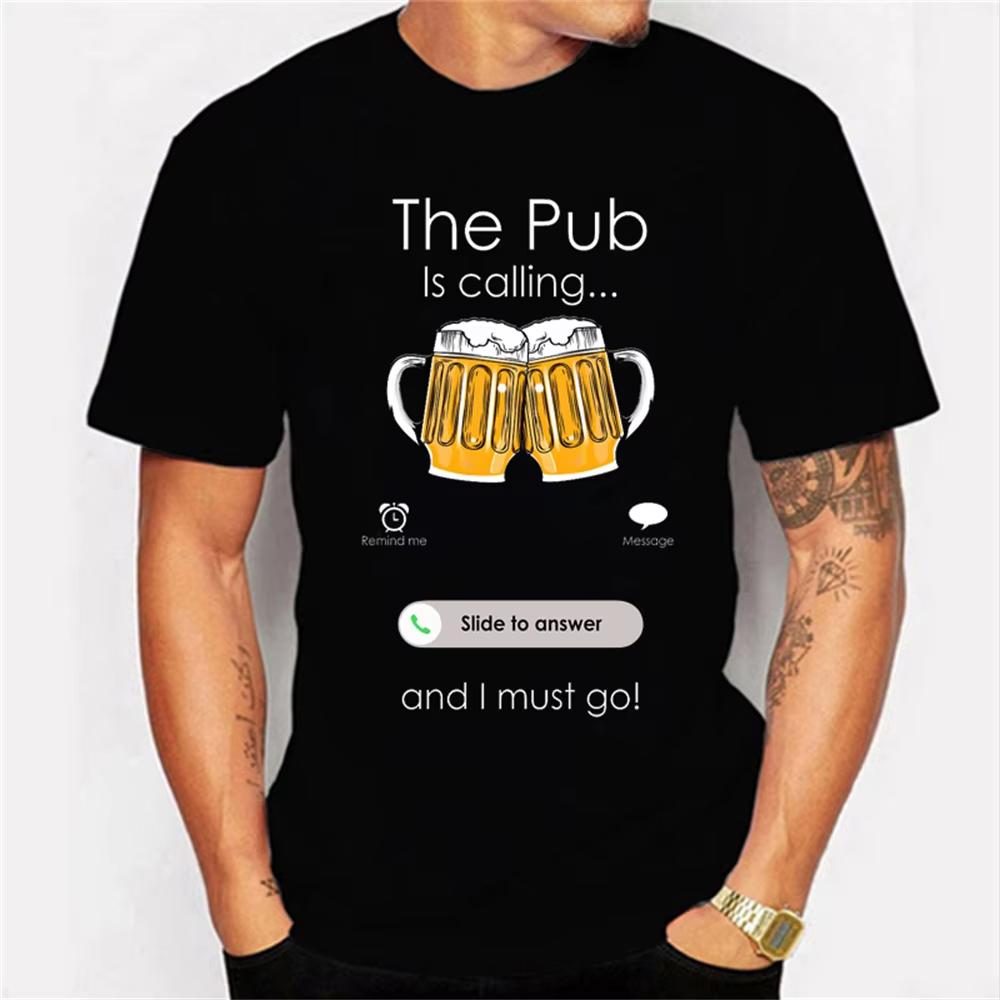 

Beer Is Calling, I Have To Go Call Screen Beer T-shirt Fun T-shirt Personality Street Fashion Print Casual Short Sleeve Fashion 4XL