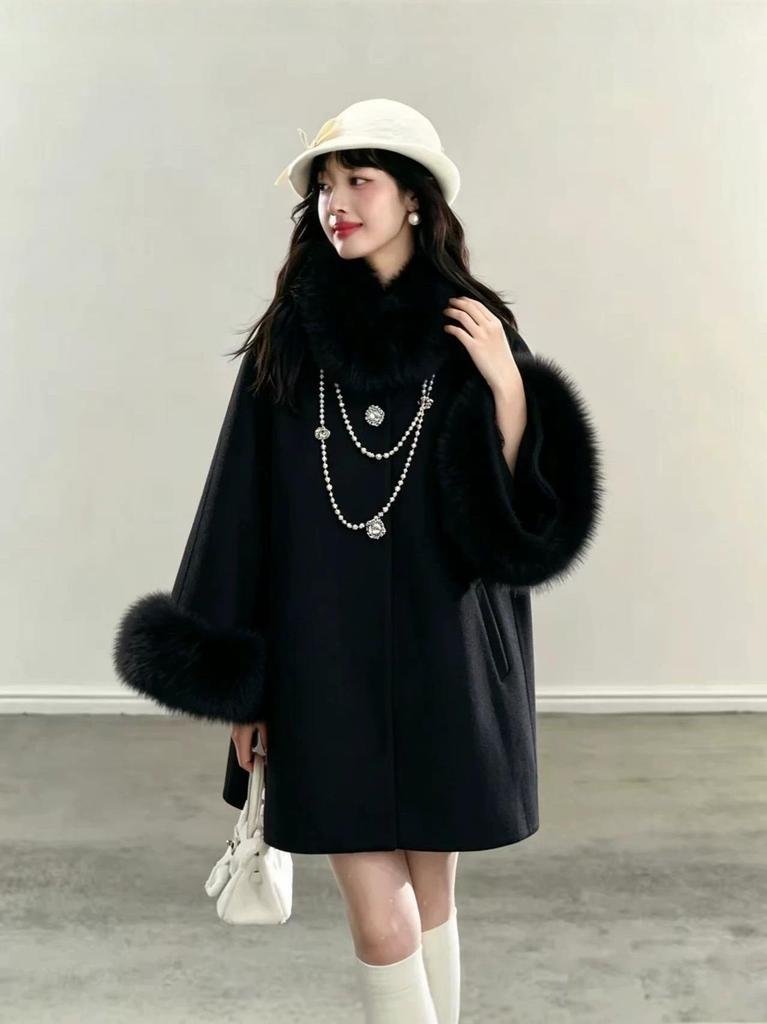 French Heiress Woolen Coat: Women's Autumn/Winter Fur Collar Loose Fit with Real Fox Fur