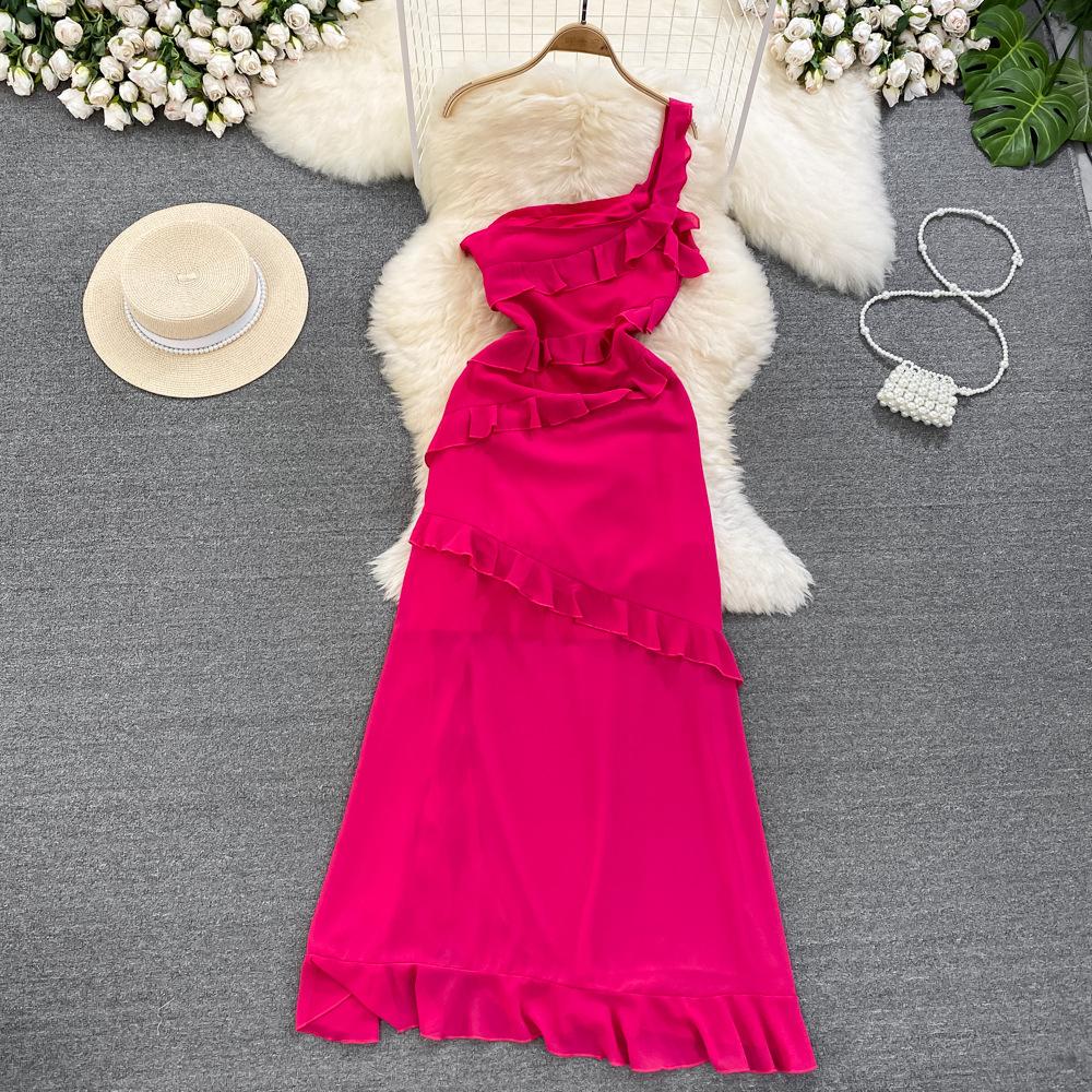 Women's Light Luxury Temperament Single Side Strapless Waisted Slim Split A-line Ruffle Dress