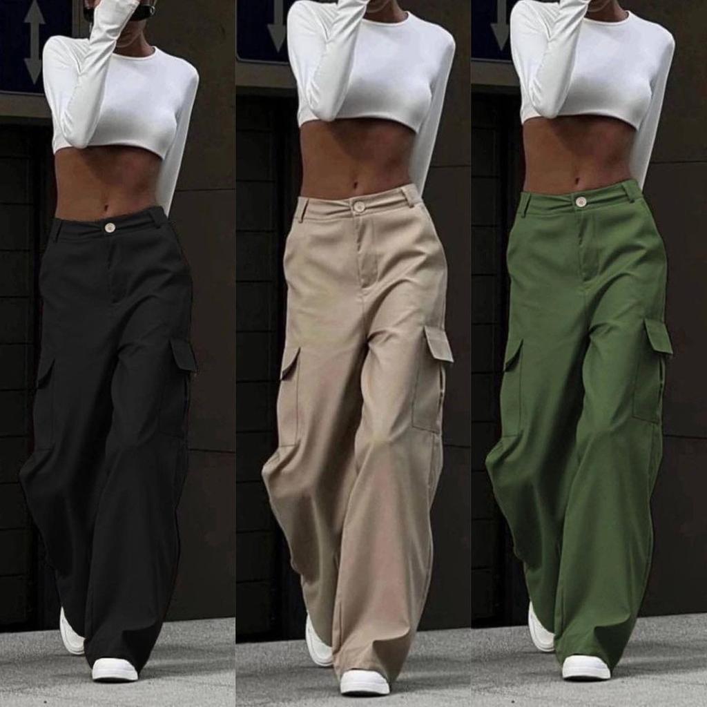 Women's Street Style Design Sports Pants Fashion Solid Color Female High Waisted Straight  Cargo Trousers