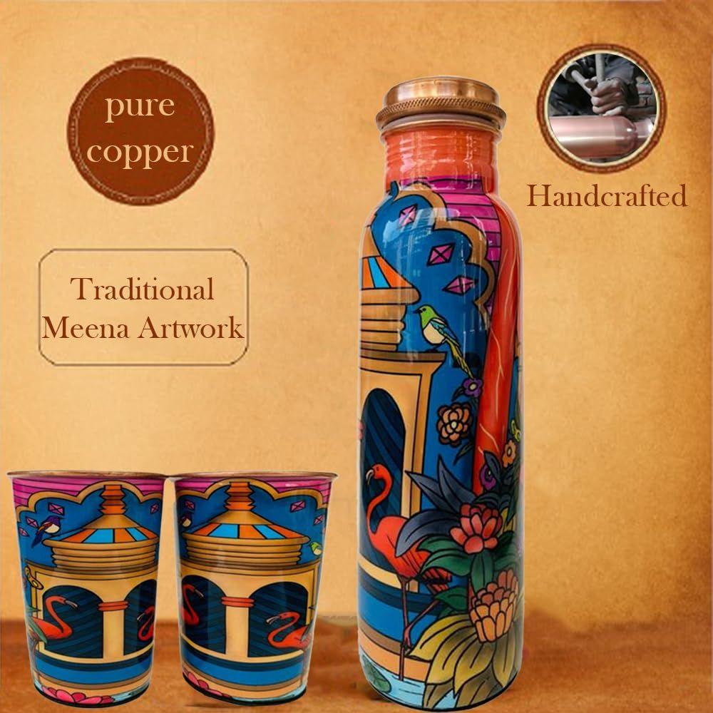 Embracing Rainy Delight Meena Print Copper Water Bottle Set | Handcrafted Tamba Bottle with 2 Glasses | Premium Copper Water Bottle