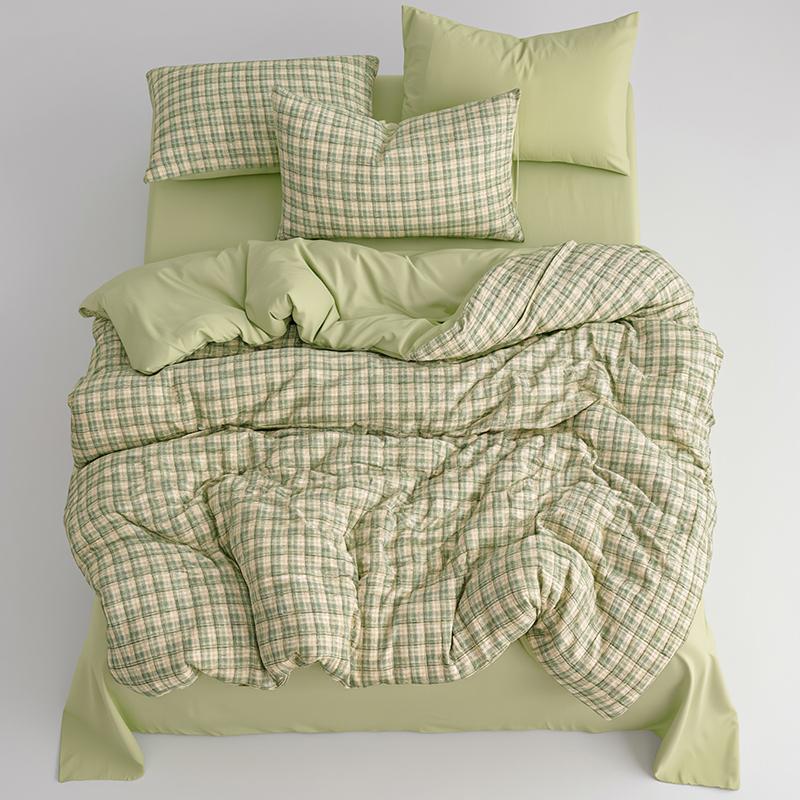 Fresh Green Plaid Quilt Cover Or Bedding Set Soft Skin-Friendly Duvet Covers Comfortable Durable Machine Washable Blanket Cover