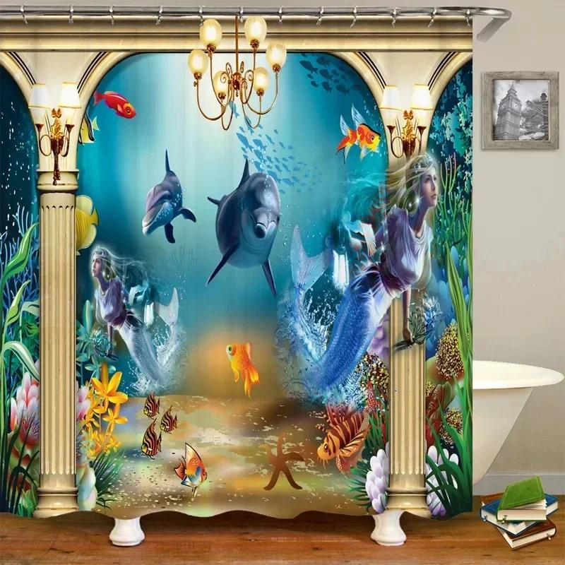 Dolphin Shower Curtain Sea Theme Shower Curtain Hook Washable Dolphin Waterproof 3D Animals Shower Curtain for Bathroom Decor