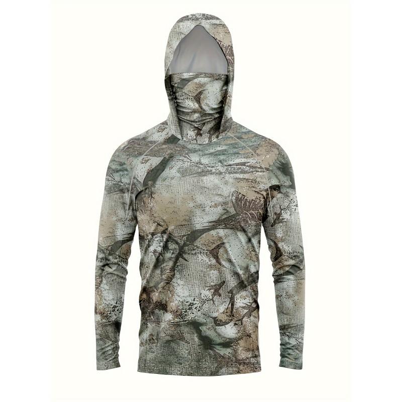 Mens Long Sleeve UV Protection Fishing Shirt With Hood Face Cover Quick Dry Breathable Outdoor Wear