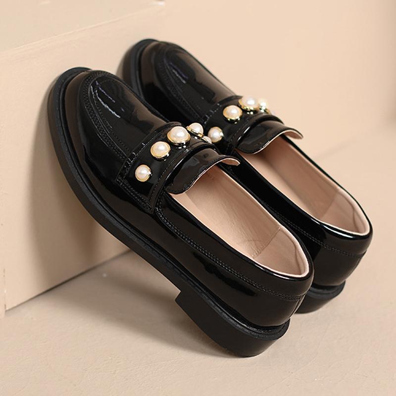 Fashion Elegant Ladies Pearl Beaded Small Leather Shoes Women Spring Fall Round Toe Flats Thick Heels Loafers Mujer Japanned Oxford 2025