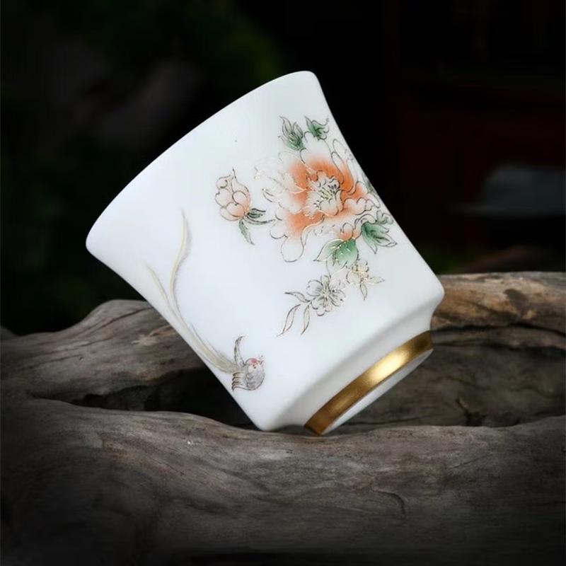 White Porcelain Mutton-Fat Jade Tea Cup - Plum Blossom