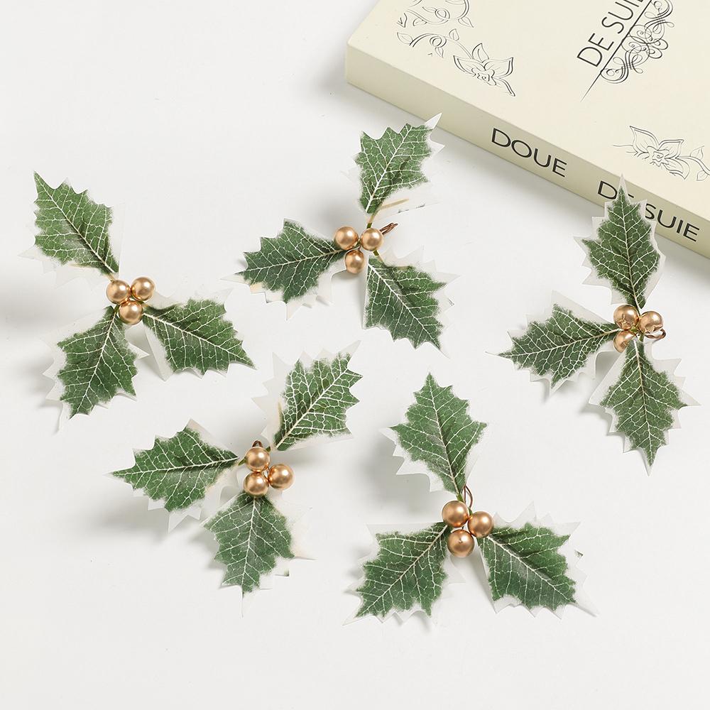 10Pcs Artificial Holly Berries Green Leaves for Christmas Decoration Fake Leaf for Home Decor Navidad New Year Gift Accessories