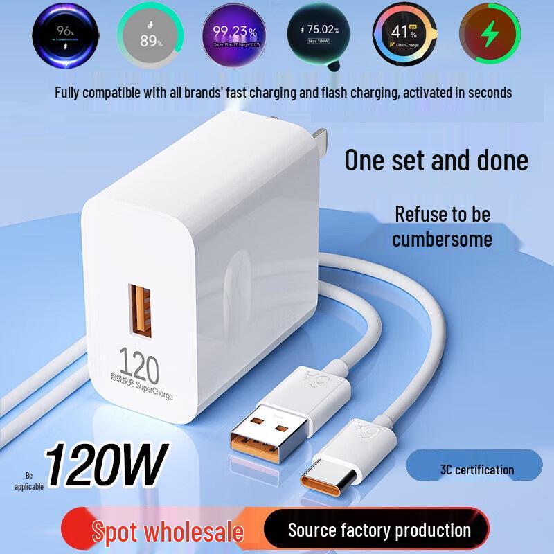 120W Universal Fast Charge 3C Certified USB-A Charger Set with Cable