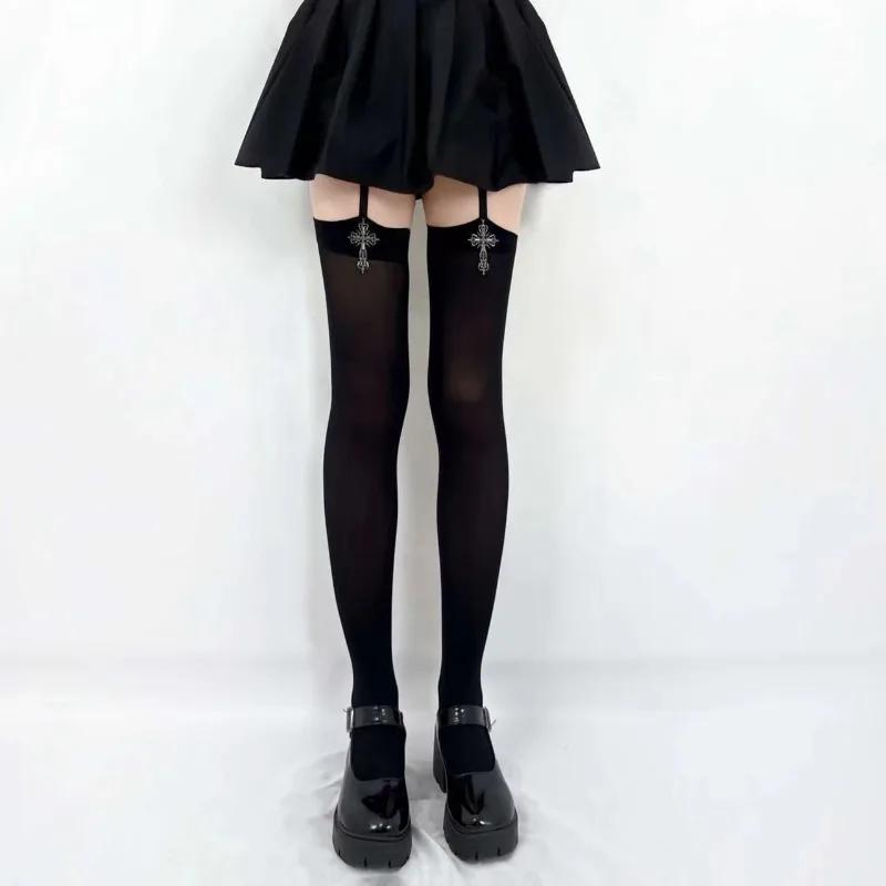 Personality Cross Decoration Women Suspender Socks Solid Color Thin Thigh High Lolita Anime Cosplay Gothic Over Knee Stockings