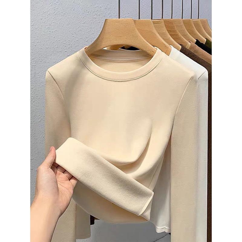 Women s White Long-Sleeve Brushed Plush T-Shirt, Basic Solid Color, Perfect for Autumn/Winter. S абрикосовый