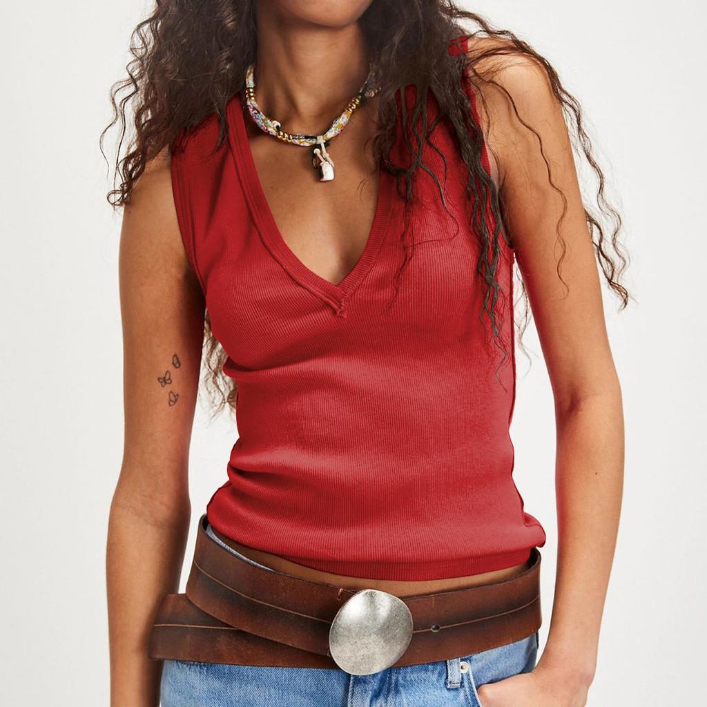 Modern V Neck Sleeveless Top For Women With Ribbed Knit Fabric For Summer Casual Wear