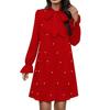 Women Dress Lace-up Bow Faux Pearl A-line Puff Sleeves Pure Color Above Knee Length Mini Dress Prom Party Dating Short Dress