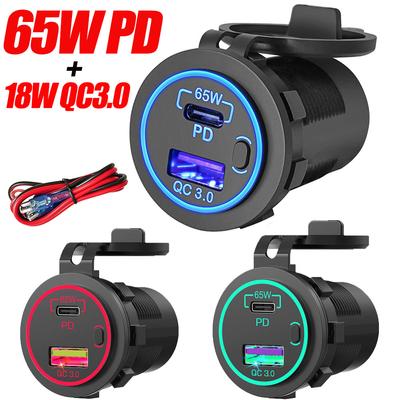 Φορτιστής Αυτοκινήτου 65W PD 12V 24V Έξοδος USB Φορητός Υπολογιστής Μοτοσικλέτα Θύρα USB-C PD QC 3.0 Υποδοχή USB Αδιάβροχος με Διακόπτη Ρεύματος για RV Αυτοκίνητο