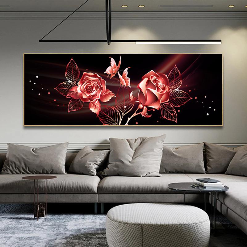 

Черный золотой цветок розы бабочка абстрактное настенное искусство холст картина печать плакатов Horizonta картина для гостиной Декор в спальню 30x90cm Unframed