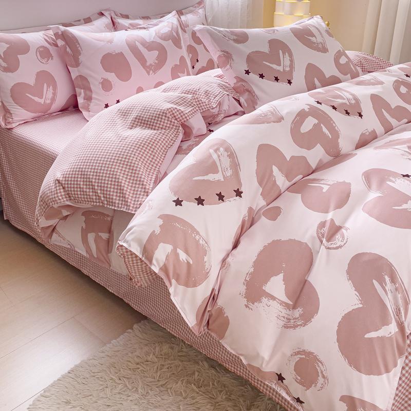 4pcs Cartoon Love Duvet Cover Set Simple Blue Plaid Bed Sheet Adults Kids Teenagers Bedding Comforter Cover with 2 Pillowcases
