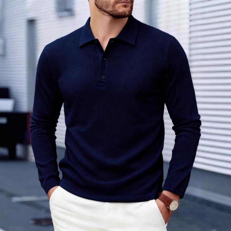 Men Waffle Knit Long Sleeve Polo Shirt Casual Top