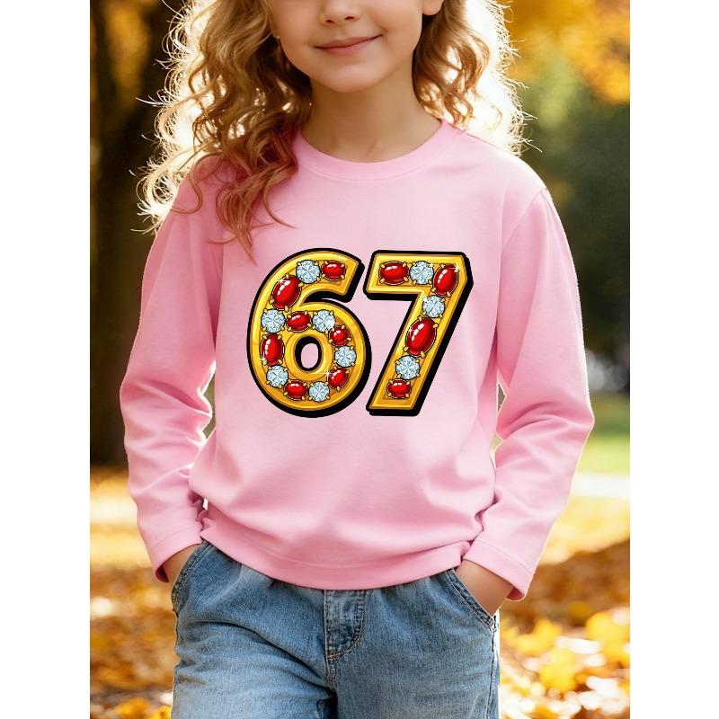 Unisex Kids Pink Crewneck Sweatshirt For 4-12 Boys Girls Luxury Golden Frame Ruby Diamond Inlaid Number 67 Cartoon Gem Jewelry Print