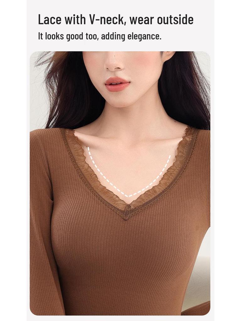 Women's Cashmere & Silk Lace V-Neck Long Sleeve Slimming Top Set
