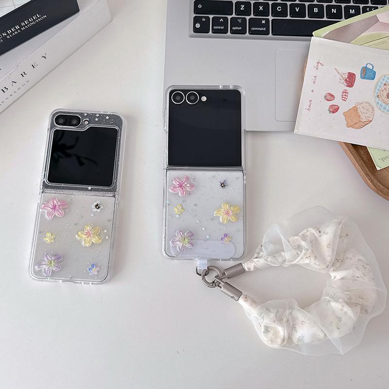 Clear Glitter Cute Flower Phone Case For Samsung Galaxy Z Flip 8 7 6 5 4 Z Flip7 Flip6 Cover with Chain Korean Cases Hard Funda