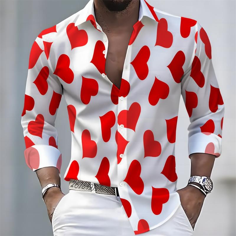 Men's Long-Sleeved Shirt with Heart Print Pattern, Stylish and Handsome, Festive Men's Lapel Top