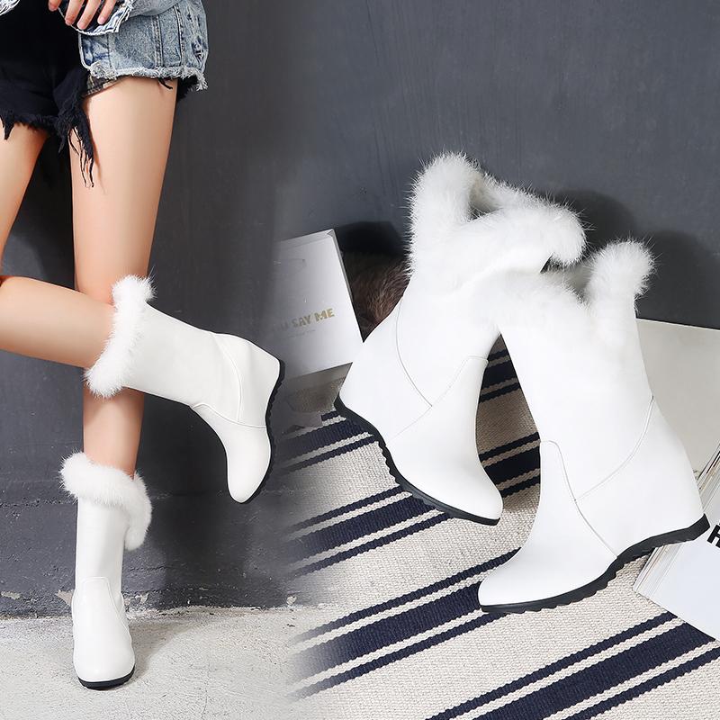 Fashion Woman Mid-Calf Fur Wedge Snow Boots 2025 Winter Warm Female Shoes Ladies Booties Zapatos De Mujer Short Boats 34 40 White Black
