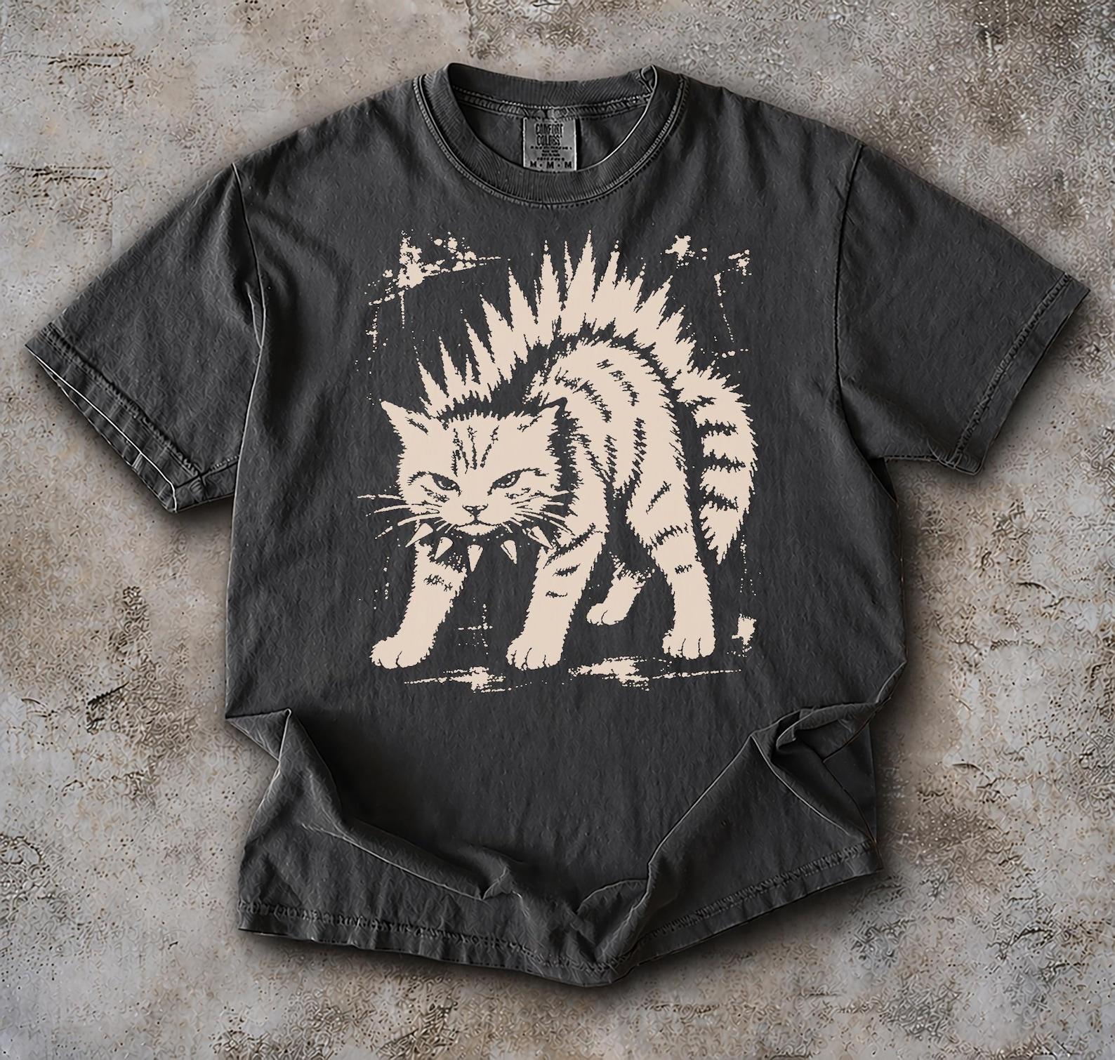 Punk Cat Graphic Tee, Gothic Grunge Kitten T-Shirt, Edgy Streetwear Top 2XL
