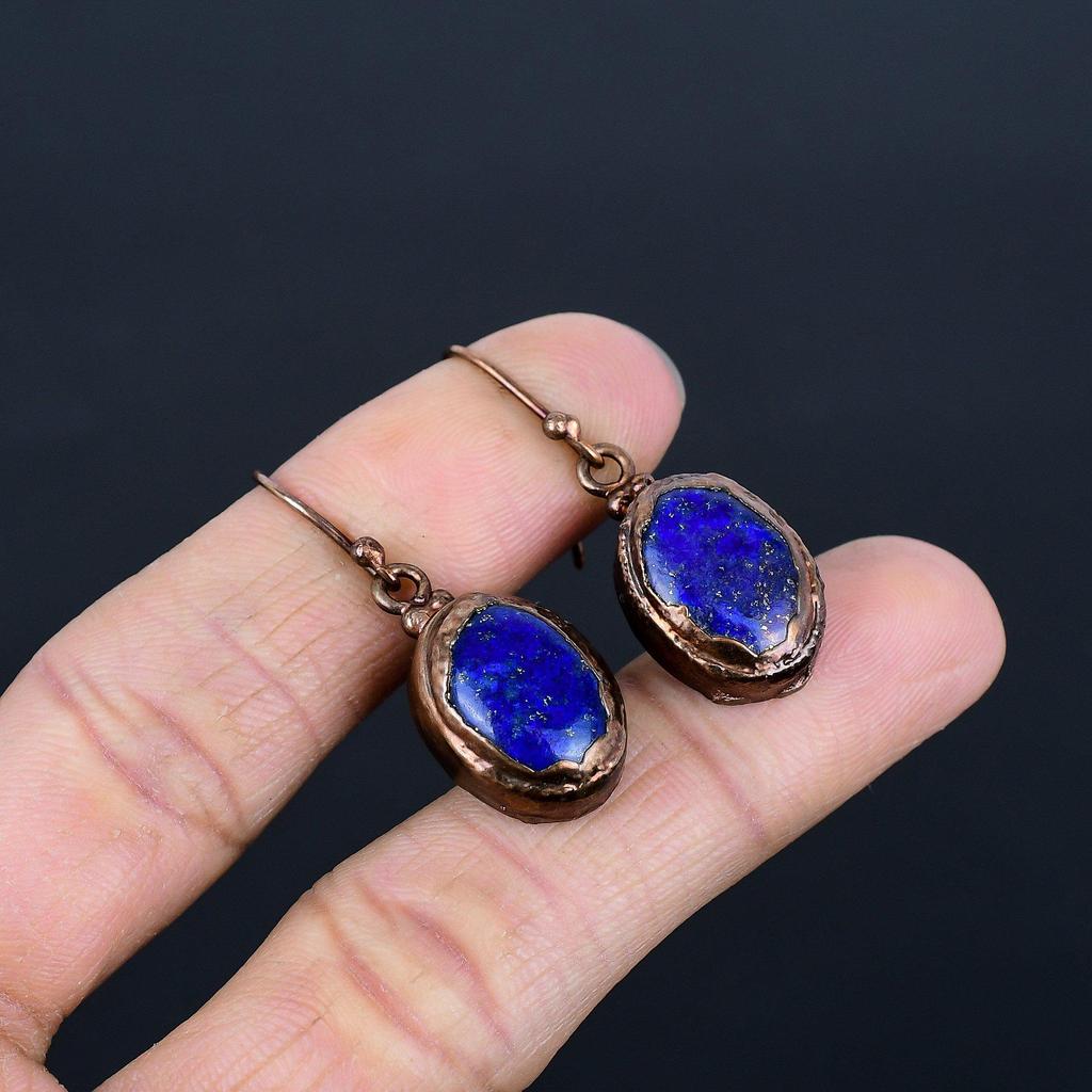 Lapis Lazuli Copper Electroformed Earrings, Handmade Gemstone Earrings Jewelry, Gifts For Wife Brand New Earrings