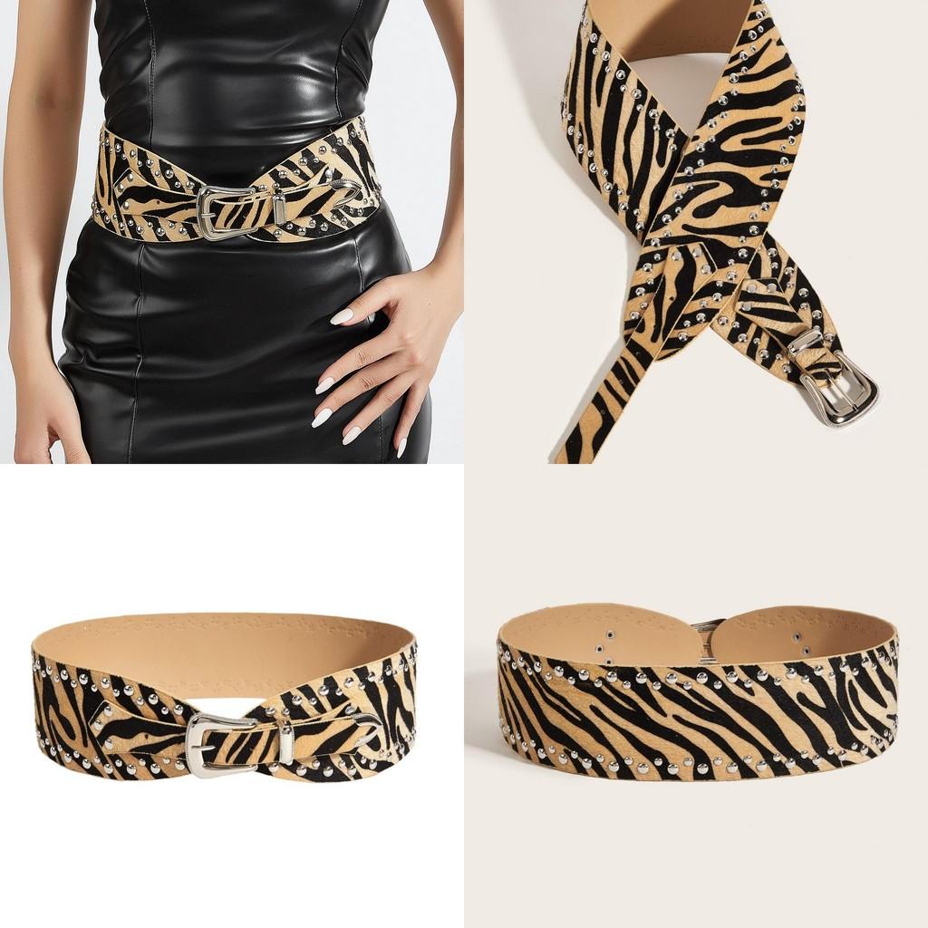 Fashion Leopard Print Pattern Rivet Metal Buckle Decoration Women Wide Waistband