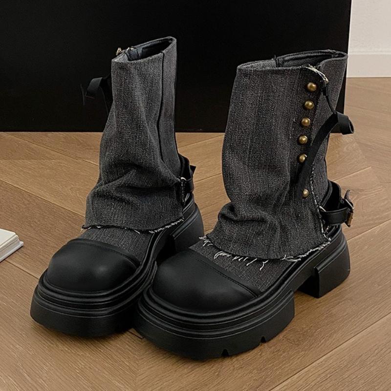 

Fashion High Quality Brand Designer Ankle Boots Women Rivet Decoration Western Denim Boots Fashion Non-slip Thick Bottom Platform Shoes 40 чёрный
