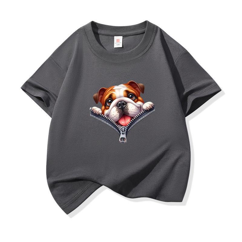 Kids Cotton T Shirt Charming Bulldog Puppy Dog Zipper Print Crew Neck Short Sleeve Tee Casual Breathable Boys Girls Summer Tops