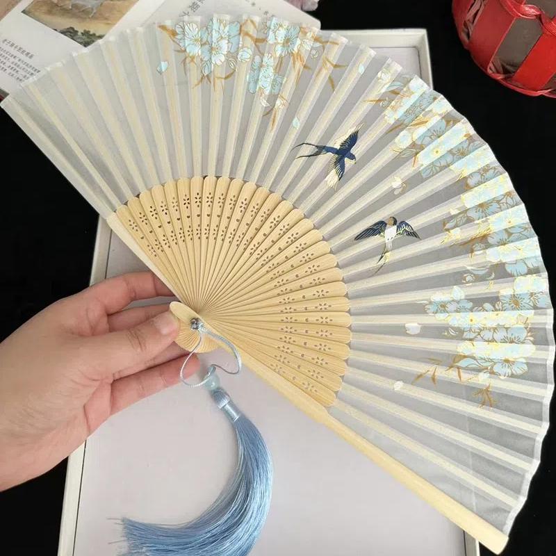Ancient Chinese Style Small Dance Fan Summer Portable Hanfu Cheongsam Hand Held Fan Green Bamboo Ribs Single-Sided Folding Fan