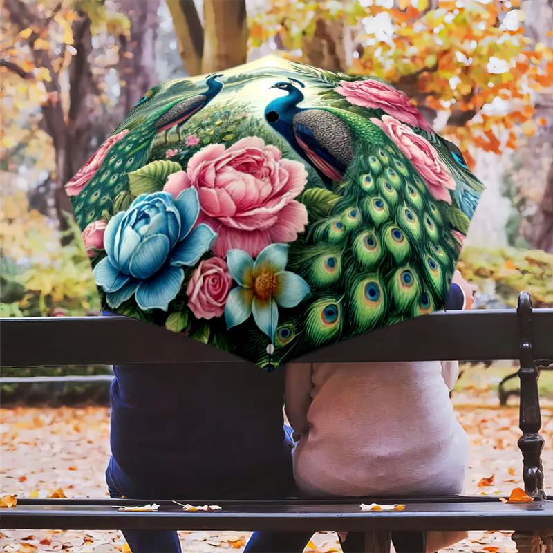 1pc Peacock, feathers pattern Umbrella Portable Folding Umbrella Iron Frame Hole Bone Structure Outdoor Home Umbrella