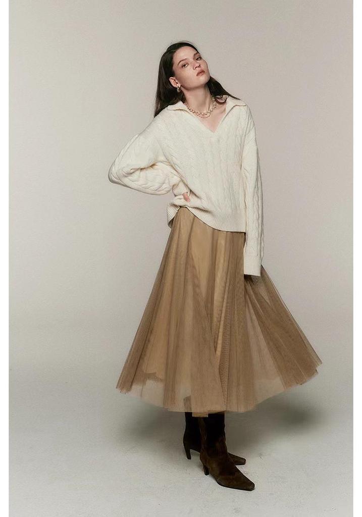 2024 Korean V-Neck 100% Pure Wool Loose Knit Pullover Sweater