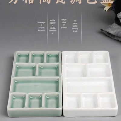 Ceramic Multi-Compartment Square Watercolor Gouache Paint Palette Tray Porcelain Dish Yan