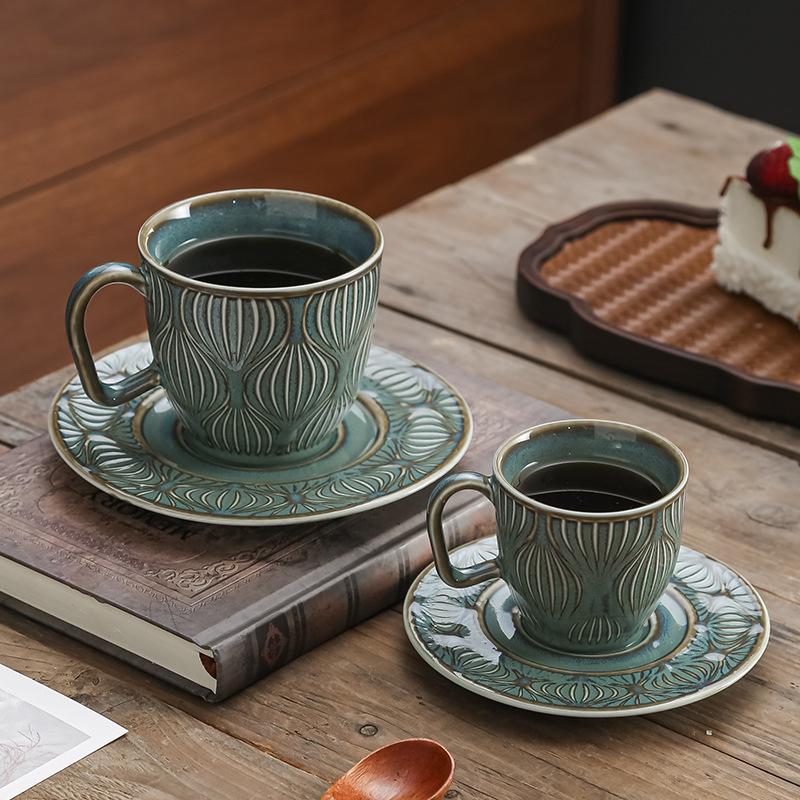Japanese Coffee Cup Retro Kiln Ceramic Cup Household Creative Relief Water Cup Set Cup Saucer
